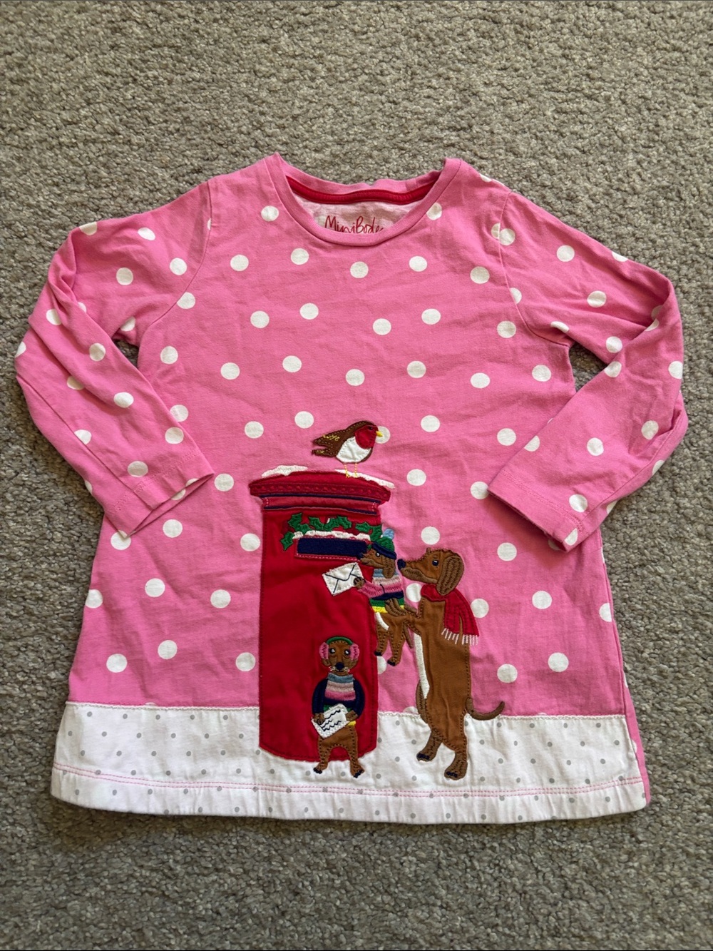 Mini Boden Pink Polka Dot Long-Sleeve Tunic Christmas Holiday Appliqué girls 3/4